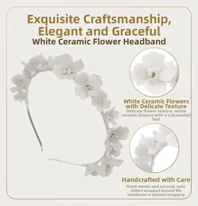 Macro shot of handmade white ceramic flowers and ribbon wrapped bridal headband