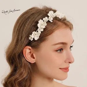 Handmade White Ceramic Flower Bridal Headband Vintage Copper Wire Faux Artificial Pearl Hair Jewelry For Wedding Party Women Gift
