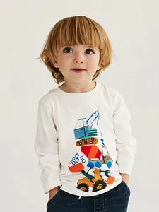 T-Shirt à Manches Longues pour Garçons en Coton Imprimé Pelleteuse Dessin Animé Col Rond Top pour Enfants Vêtements Décontractés