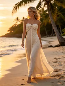 Vestito Da Sera Elegante Con Künstliche Perle Senza Spalline Mesh Vestito Da Festa Sexy Vita Alta Lungo Abito Formale