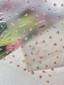 Detail of 3D embossed floral nail stickers featuring pink petals and gold accents