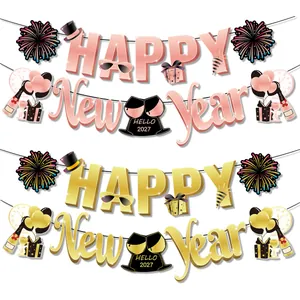 2027 Happy New Year party banners in rose gold and gold glitter hanging sets