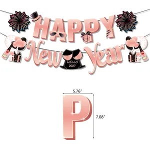 Rose gold Happy New Year 2027 banner set with festive party balloons and glasses