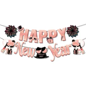 Rose gold and black Happy New Year 2027 party banner with fireworks and balloons