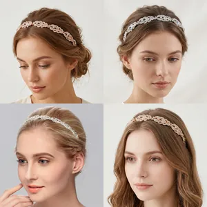 Close-up of sparkling rhinestone leaf headbands in rose gold and silver finishes