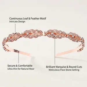 Close-up of rose gold leaf headband with pavé set marquise and round crystals