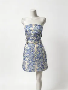 Detail of blue vintage floral print mini dress with matching square buckle waist belt