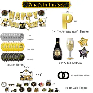 2027 Happy New Year party decoration set with gold banner balloons and cake toppers