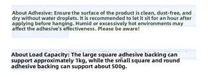 Adhesive hook installation guide showing surface cleaning and 1kg load capacity info