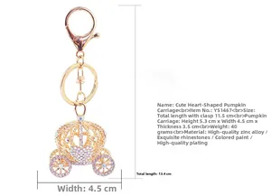 Dimensions détaillées du porte-clés carrosse citrouille doré aux strass roses