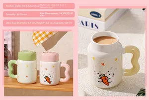 Detail showing cute rabbit ceramic mug dimensions with 420ml capacity and star pattern