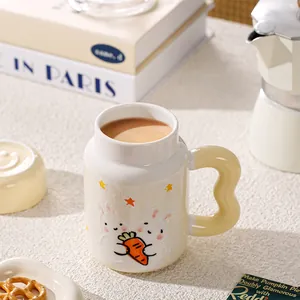 Detail of creative ceramic mug with cute rabbit illustration and cloud wave handle