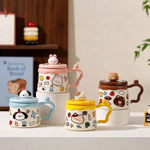 Close-up of four colorful ceramic mugs with 3D animal lids and wavy handles