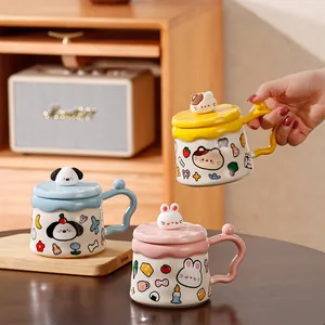 Detailed view of colorful cartoon ceramic mugs with cute 3D animal lids in home setting