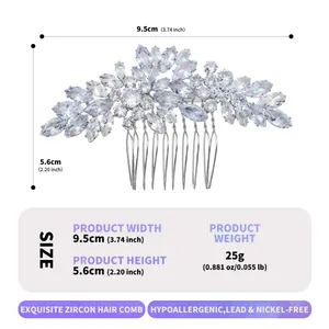 Peigne à cheveux fleur en zircon pour mariées, fini argent, sans plomb ni nickel