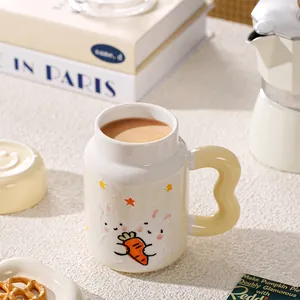 Creative white ceramic rabbit coffee mug with unique wavy handle for home breakfast