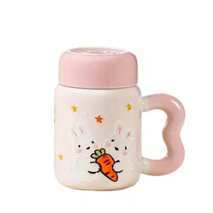 Creative pink ceramic rabbit mug with wavy handle and lid for home breakfast gifts