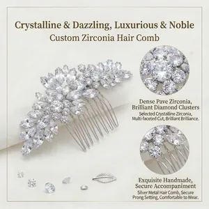 Peigne à cheveux fleur en zircon de luxe avec dents en argent pour coiffure de mariée