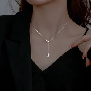 Elegant 925 silver Y-shaped necklace with geometric triangle pendant and tiny crystals