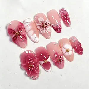 Almond Press On Nails With 3D Flowers Artificial Pearls Rhinestones Gradient Handmade Style False Nails For Women