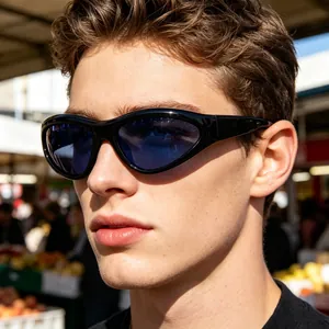 Y2K style wraparound sports sunglasses with black frames and deep blue lenses