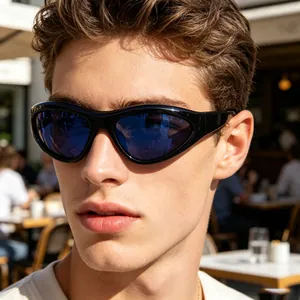 Close-up of Y2K wrap around sporty sunglasses with blue mirrored lenses on a model