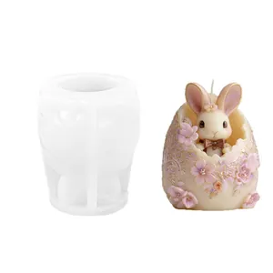 DIY silicone mold for 3D Easter bunny egg candle with embossed floral details