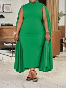 Detail view of the elegant high-neck solid lime green maxi dress with matching cape