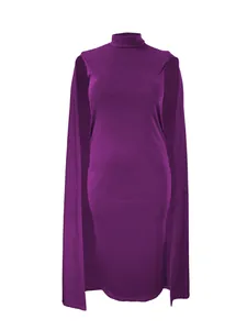 Detail view of smooth velvet fabric and cape sleeve design on deep purple dress
