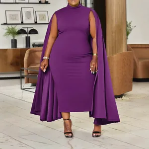 Elegant deep purple cape dress with high neck and floor-length cloak for women