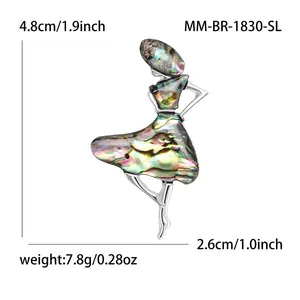 Vintage style ballet dancer brooch with natural abalone shell inlay in silver finish