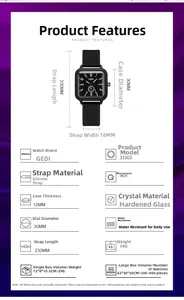 Detailed dimension guide for black square silicone watch with minimalist quartz dial face
