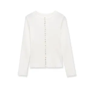 Slim fit white ribbed knit cardigan with colorful buttons and lettuce trim edges