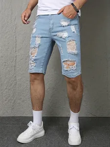 Men's Distressed Ripped Denim Shorts Light Blue Washed Cotton Blend Summer Slim Fit Streetwear Shorts For Men Fashion Hip Hop Style