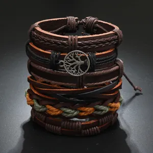 Multi-layer leather bracelet set with tree of life charm on black background