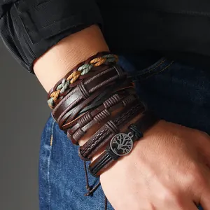 Multilayer men's leather bracelet set with tree of life charm and woven rope