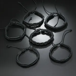 Black leather multi-layer wrap bracelet set with bronze Tree of Life charm