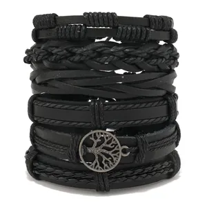 Handmade Vintage Multi-layer Braided Leather Bracelets For Men Alloy Tree Of Life Charm Adjustable Punk Wristband Jewelry Gift