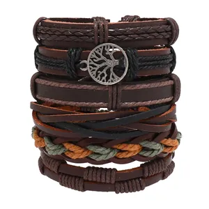 Men's multilayer leather bracelet set with tree of life charm in vintage style