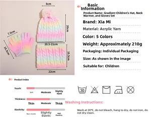 Detailspezifikationen des Regenbogen Stricksets mit Größentabelle und Materialangaben