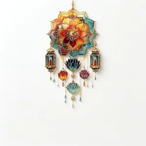 Mandala lotus wall sticker with colorful gradient petals and decorative lanterns