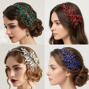 Détails du serre-tête de mariée baroque fait main avec cristaux colorés et fil doré