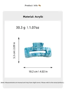 Blue marble acrylic hair claw clip specifications with dimensions 10.2cm and weight 30.3g