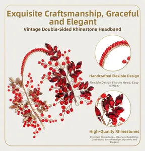 Détail de la structure en fil doré flexible avec strass rouges pour serre-tête de mariée