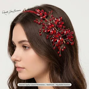 Serre-tête de Mariage Baroque Français Branche de Feuille Fait à la Main Métal Strass Cristal Acrylique Accessoire Cheveux Mariée