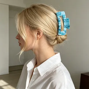 Blue and white marble pattern large square acrylic hair claw clip for elegant women hair styling