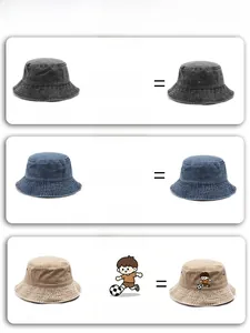 Customization options for washed denim bucket hats including text, logo, and pattern designs