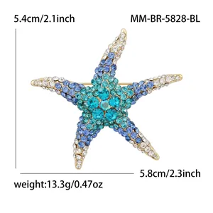 Starfish brooch dimensions showing 5.4cm height and 5.8cm width with blue rhinestones