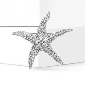 Macro detail of starfish brooch featuring silver metal base and inlaid rhinestones