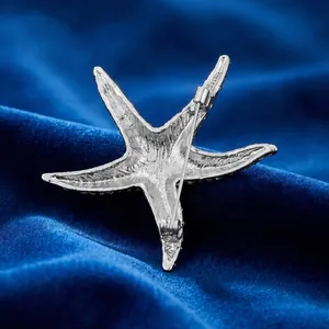 Macro view of silver starfish brooch back with textured finish and safety clasp